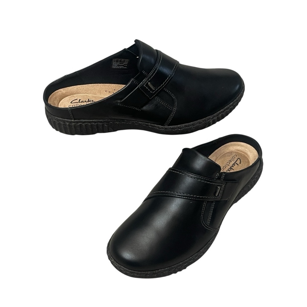 Clarks Collection Caroline Bay Black Leather Slip On Comfort Clog Womens size 11